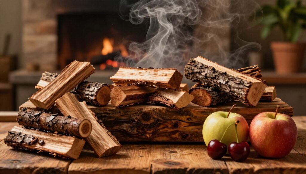 A picturesque arrangement showcasing various types of smoking woods ideal for flavoring meats, specifically ham. In the foreground, a variety of wood pieces—such as oak, hickory, cherry, and apple—are artistically displayed on a rustic wooden surface. The middle layer features a slightly blurred background of a cozy smokehouse, emitting wisps of aromatic smoke, with subtle hints of green foliage. The scene is bathed in warm, golden lighting that evokes a welcoming, rustic atmosphere, inviting the viewer to explore the art of smoking meats. A shallow depth of field focuses on the wood selection, enhancing the textures of the bark and wood grain. The overall mood is warm, earthy, and inviting, perfect for food enthusiasts. A picturesque arrangement showcasing various types of smoking woods ideal for flavoring meats, specifically ham. In the foreground, a variety of wood pieces—such as oak, hickory, cherry, and apple—are artistically displayed on a rustic wooden surface. The middle layer features a slightly blurred background of a cozy smokehouse, emitting wisps of aromatic smoke, with subtle hints of green foliage. The scene is bathed in warm, golden lighting that evokes a welcoming, rustic atmosphere, inviting the viewer to explore the art of smoking meats. A shallow depth of field focuses on the wood selection, enhancing the textures of the bark and wood grain. The overall mood is warm, earthy, and inviting, perfect for food enthusiasts.