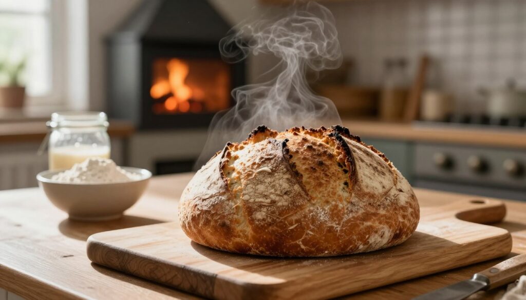 A rustic kitchen scene featuring a freshly baked loaf of chleb zakwasie, showcasing its crusty texture and golden-brown color. In the foreground, the loaf sits on a wooden cutting board, with steam gently rising from it, accentuating its warmth. The middle ground includes a small bowl of flour and a jar of sourdough starter, emphasizing the artisanal baking process. In the background, a softly lit oven reveals warm, glowing embers. Natural light filters through a nearby window, creating a cozy atmosphere filled with inviting shadows. The overall mood is one of warmth and homey comfort, reflecting diligence in baking to avoid common mistakes. The camera angle is slightly elevated, capturing the details of the bread and surrounding elements, inviting viewers into this serene baking moment.