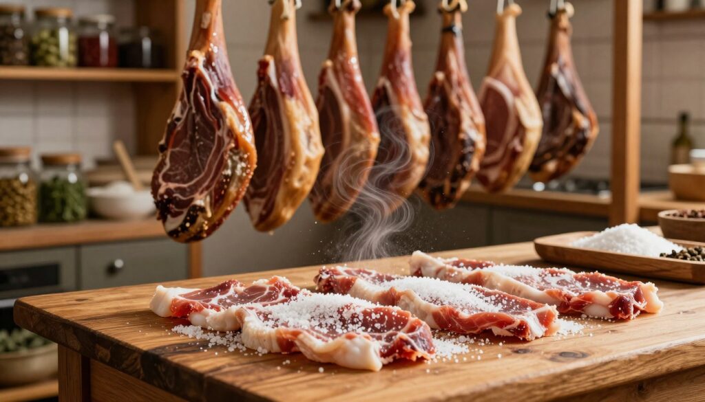 A rustic kitchen scene focusing on the drying process of meat, specifically ham, before the smoking stage. In the foreground, a wooden table displays several slices of raw ham being carefully salted and arranged for drying, with coarse salt crystals glistening under warm, soft lighting. The middle layer features a hanging rack filled with dried ham, illustrating the transformation process, with delicate air circulation creating a gentle ripple effect. In the background, shelves filled with herbs and spices enhance the atmosphere, symbolizing flavor infusion. The overall mood is warm and artisanal, evoking a sense of tradition and craftsmanship in meat preparation. The shot should be taken from a slightly elevated angle to capture both the table and the hanging meats effectively, with a depth of field blurring the background slightly to emphasize the drying ham. A rustic kitchen scene focusing on the drying process of meat, specifically ham, before the smoking stage. In the foreground, a wooden table displays several slices of raw ham being carefully salted and arranged for drying, with coarse salt crystals glistening under warm, soft lighting. The middle layer features a hanging rack filled with dried ham, illustrating the transformation process, with delicate air circulation creating a gentle ripple effect. In the background, shelves filled with herbs and spices enhance the atmosphere, symbolizing flavor infusion. The overall mood is warm and artisanal, evoking a sense of tradition and craftsmanship in meat preparation. The shot should be taken from a slightly elevated angle to capture both the table and the hanging meats effectively, with a depth of field blurring the background slightly to emphasize the drying ham.