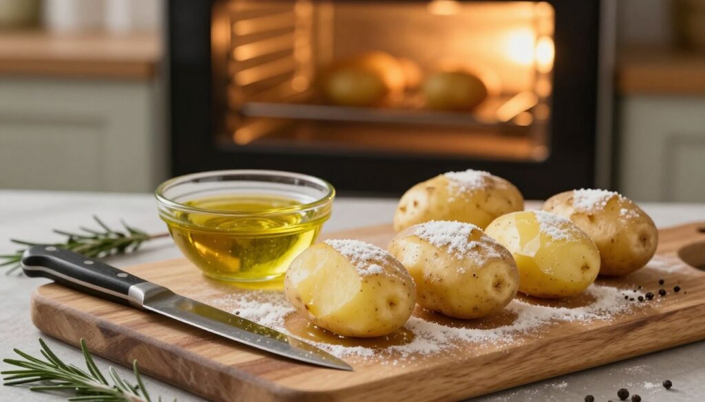 A rustic kitchen setting showcasing the preparation of baked potatoes. In the foreground, a wooden cutting board displays several whole, unpeeled, fresh potatoes with a light dusting of flour. A chef's knife rests nearby, ready for use, with a few rosemary sprigs scattered around. In the middle, a bowl filled with olive oil, salt, and freshly cracked pepper sits invitingly, waiting to season the potatoes. In the background, a bright oven preheats, with warm yellow light spilling out, illuminating the scene and creating a cozy atmosphere. The overall mood is inviting and homely, evoking the anticipation of a delicious meal. Soft, natural lighting casts gentle shadows to enhance the textures of the ingredients without overpowering the scene. A rustic kitchen setting showcasing the preparation of baked potatoes. In the foreground, a wooden cutting board displays several whole, unpeeled, fresh potatoes with a light dusting of flour. A chef's knife rests nearby, ready for use, with a few rosemary sprigs scattered around. In the middle, a bowl filled with olive oil, salt, and freshly cracked pepper sits invitingly, waiting to season the potatoes. In the background, a bright oven preheats, with warm yellow light spilling out, illuminating the scene and creating a cozy atmosphere. The overall mood is inviting and homely, evoking the anticipation of a delicious meal. Soft, natural lighting casts gentle shadows to enhance the textures of the ingredients without overpowering the scene.