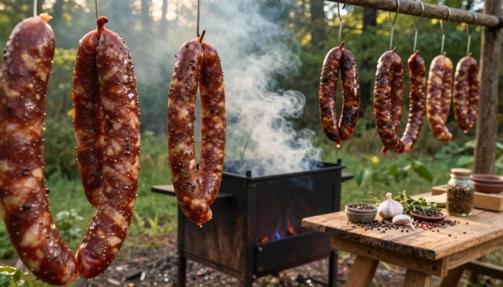 A rustic outdoor scene depicting the process of smoking sausages, with a traditional wooden smoker surrounded by various types of uncooked sausages hanging from hooks. In the foreground, a close-up view of juicy, glistening sausages infused with spices, showcasing their rich textures and colors. In the middle ground, the smoker emits a soft plume of fragrant smoke, while nearby, a wooden table is adorned with seasoning ingredients like garlic, pepper, and herbs. The background features a lush, green forest, filtering soft, warm sunlight that creates a cozy, inviting atmosphere. Capture this scene with a wide-angle lens to emphasize the details and textures, evoking a sense of aromatic warmth and culinary tradition. A rustic outdoor scene depicting the process of smoking sausages, with a traditional wooden smoker surrounded by various types of uncooked sausages hanging from hooks. In the foreground, a close-up view of juicy, glistening sausages infused with spices, showcasing their rich textures and colors. In the middle ground, the smoker emits a soft plume of fragrant smoke, while nearby, a wooden table is adorned with seasoning ingredients like garlic, pepper, and herbs. The background features a lush, green forest, filtering soft, warm sunlight that creates a cozy, inviting atmosphere. Capture this scene with a wide-angle lens to emphasize the details and textures, evoking a sense of aromatic warmth and culinary tradition.