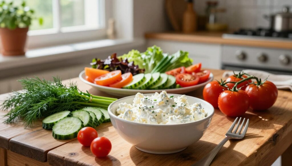 A rustic wooden table is set with a delicious spread featuring a generous bowl of creamy "serek wiejski" (cottage cheese) in the foreground, surrounded by vibrant, fresh vegetables such as sliced cucumbers, juicy cherry tomatoes, and fragrant herbs including dill and chives. In the middle ground, a beautifully arranged platter showcases a variety of colorful, seasonal salads that invite a sense of healthy indulgence. Soft, natural light pours in from a nearby window, creating warm highlights and gentle shadows that enhance the textures of the ingredients. In the background, there are hints of an inviting kitchen scene, with herbs in pots and kitchenware adding to the homely atmosphere. The overall mood evokes tranquility and a celebration of wholesome, savory meals, perfect for a hearty breakfast or light dinner.