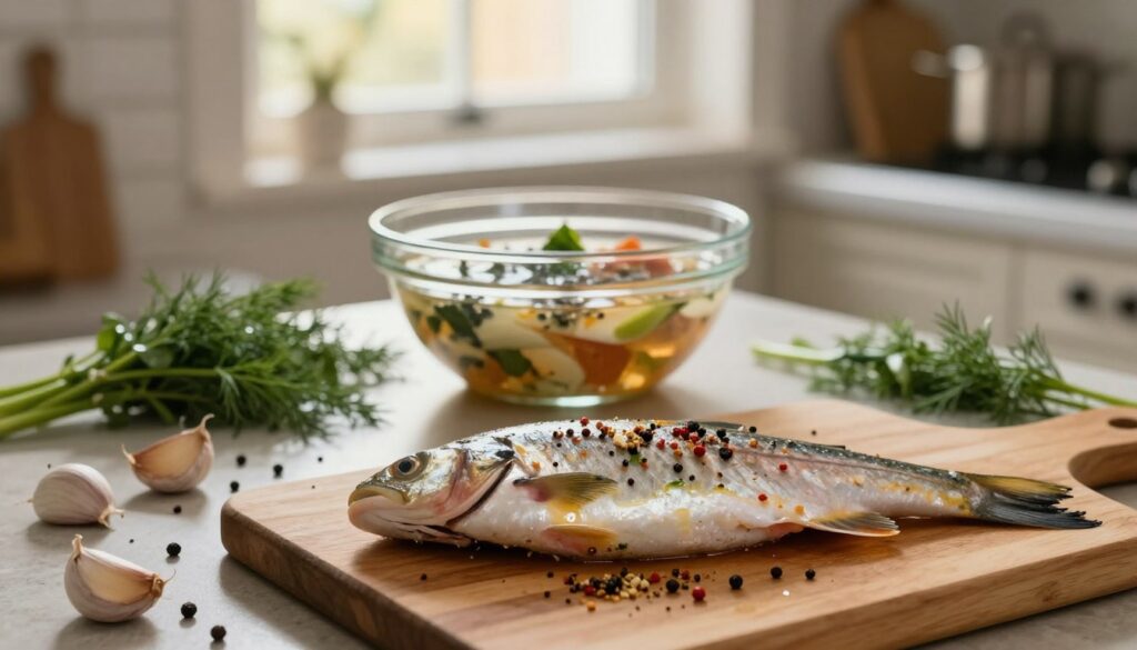 A serene kitchen scene featuring fresh fish marinating in a clear glass bowl, surrounded by herbs and spices. In the foreground, the fish is placed on a wooden cutting board, glistening with a light marinade, showcasing a variety of colors from the spices. The middle space includes a softly lit countertop scattered with garlic cloves, black pepper, and sprigs of dill, emphasizing the aromatics used. In the background, a window lets in warm, natural light, highlighting the warm ambiance of the kitchen. Use a shallow depth of field to softly blur the background, keeping the focus on the marinated fish and creating a cozy and inviting atmosphere. The overall mood should evoke a sense of care and culinary artistry, highlighting the importance of temperature in achieving flavorful fish.