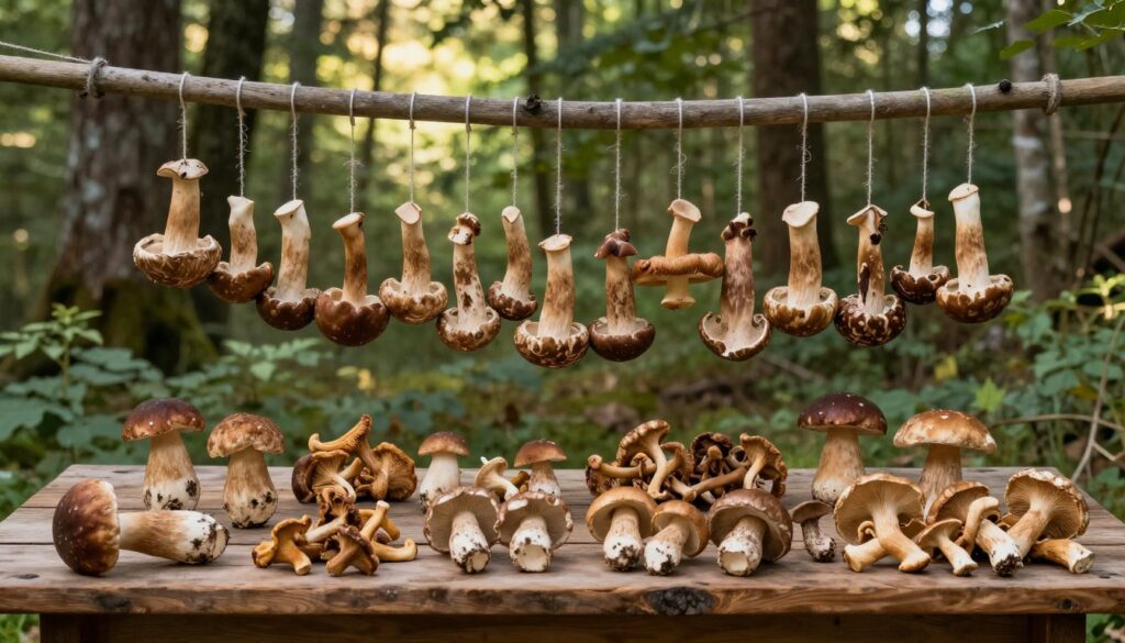 A serene outdoor scene showcasing traditional mushroom drying techniques. In the foreground, a rustic wooden table is adorned with assorted freshly harvested mushrooms, including porcini and chanterelles, meticulously arranged in a natural, organic manner. In the middle, hanging from a simple wooden drying rack, strings of mushrooms dangle in the gentle breeze, their textures and colors rich and vibrant. The background features a lush, sunlit forest with dappled sunlight filtering through the leaves, creating a warm and inviting atmosphere. The composition captures the essence of nature, emphasizing the art of air-drying mushrooms while highlighting the importance of preserving their aroma. Soft, natural lighting enhances the earthy tones and details in the mushrooms, evoking a sense of tranquility and tradition.