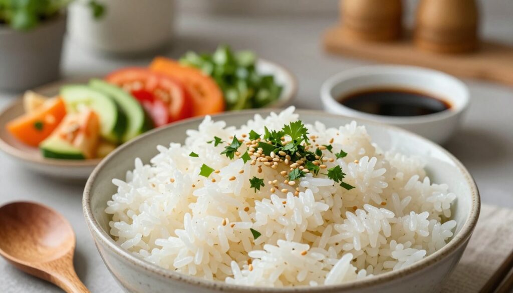 A serving of freshly cooked, fluffy white rice presented in an elegant, rustic bowl, garnished with vibrant green herbs and a sprinkle of sesame seeds. The rice glistens, reflecting soft natural light that enhances its texture. In the foreground, a wooden spoon rests beside the bowl, hinting at a wholesome and inviting meal. In the middle ground, a collection of colorful, chopped vegetables and a small dish of soy sauce are artfully arranged to signify potential accompaniments. The background features a gently blurred kitchen setting, with potted herbs and utensils, creating a warm and inviting atmosphere. The overall mood is one of sustainability and resourcefulness, embodying a zero-waste approach to cooking. The image is captured from an overhead angle, emphasizing the dish's appeal and inviting viewers to appreciate the beauty of using leftovers creatively.