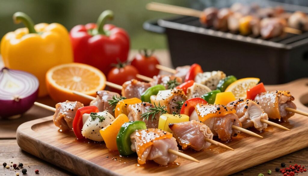 A still life composition showcasing various marinated chicken skewers, emphasizing the techniques for achieving tenderness and bold flavors. In the foreground, a beautifully arranged wooden board displays vibrant skewers of chicken in various marinades – garlic, herbs, citrus, and spices, glistening under soft, natural light. The middle ground features a variety of fresh ingredients such as colorful bell peppers, onions, and cherry tomatoes, complementing the skewers. In the background, a blurred grill or barbecue setting evokes an outdoor cooking atmosphere. Use a warm color palette to convey a cozy, inviting mood, with soft focus and shallow depth of field to draw attention to the marinated skewers. The overall composition should feel mouthwatering and appetizing, perfect for illustrating the art of marinating.