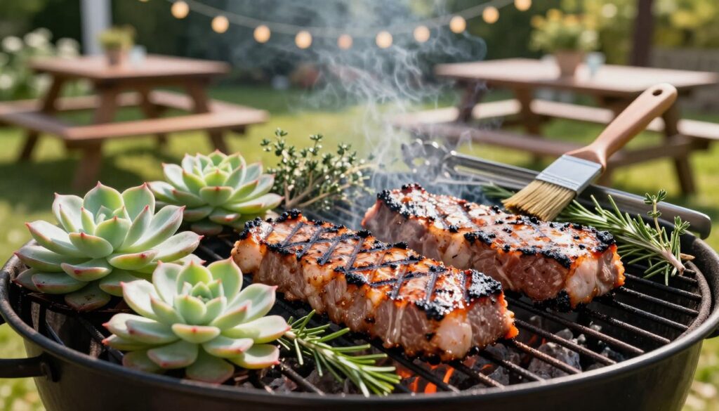 A succulent platter of grilled karkówki, marinated pork neck steaks sizzling on a charcoal grill, surrounded by vibrant, fresh herbs like rosemary and thyme. In the foreground, the juicy meat, perfectly charred with grill marks, glistens in the warm sunlight, highlighting its savory marinade. The middle ground features tools of grilling, including tongs and a basting brush, while a blurred background shows a lush garden setting with picnic tables and string lights, creating a festive atmosphere. Natural light casts soft shadows, enhancing the inviting mood. The angle captures both the meat and the grill, inviting the viewer into the experience of summer grilling. A succulent platter of grilled karkówki, marinated pork neck steaks sizzling on a charcoal grill, surrounded by vibrant, fresh herbs like rosemary and thyme. In the foreground, the juicy meat, perfectly charred with grill marks, glistens in the warm sunlight, highlighting its savory marinade. The middle ground features tools of grilling, including tongs and a basting brush, while a blurred background shows a lush garden setting with picnic tables and string lights, creating a festive atmosphere. Natural light casts soft shadows, enhancing the inviting mood. The angle captures both the meat and the grill, inviting the viewer into the experience of summer grilling.
