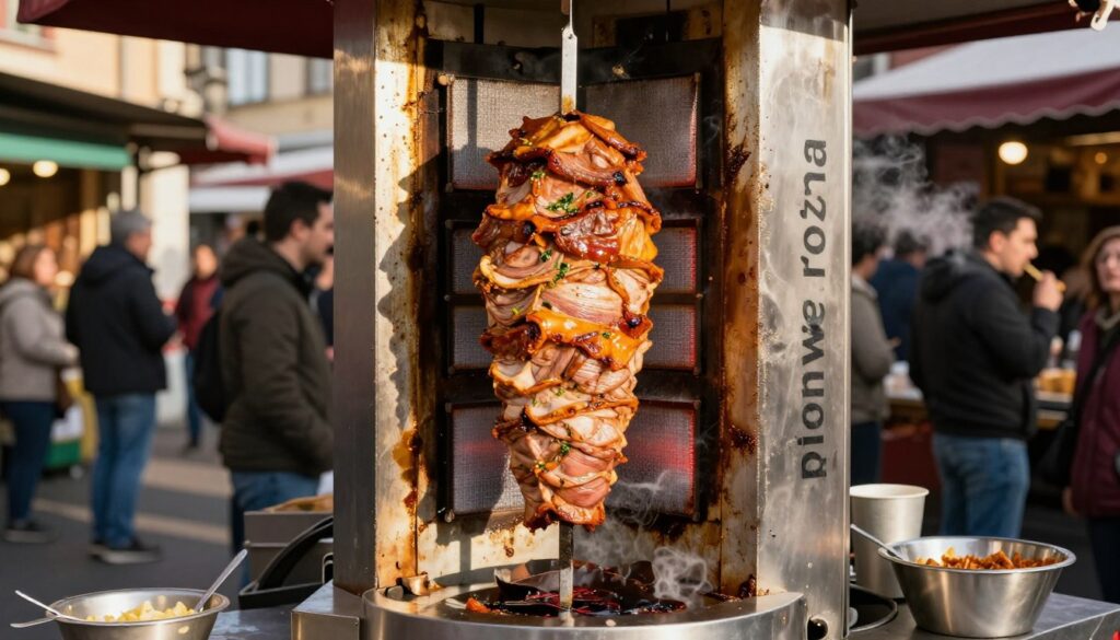 A vertical rotisserie, known as "pionowe rożna," stands prominently in a bustling street food market. In the foreground, the rotating skewer showcases succulent layers of marinated meat cooking to perfection, with crispy edges and herbs glistening under a warm golden light. The background features blurred silhouettes of patrons eagerly watching and savoring the aroma, creating a lively atmosphere. Soft shadows dance on the ground as sunlight filters through the market awning, adding to the inviting ambiance. The scene captures the essence of street food culture, emphasizing the evolution and artistry of kebab preparation. The perspective should be slightly angled to emphasize the height of the rotisserie, highlighting its intricate design and the cooking process. Ensure the image is vibrant, warm, and evokes a sense of culinary excitement.