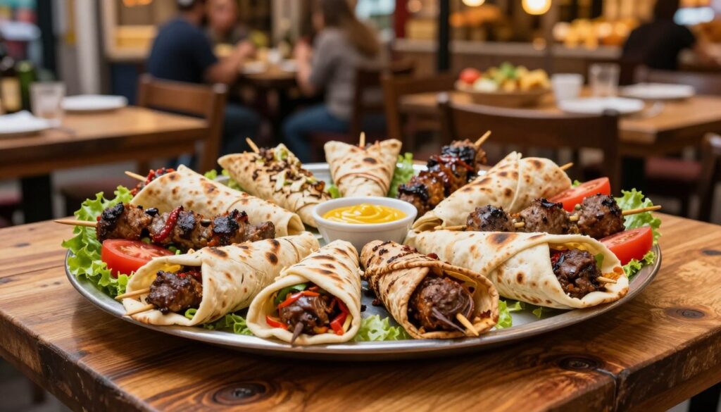 A vibrant and appetizing display of popular kebabs served in flatbread, showcasing various styles of kebab such as shawarma, doner, and falafel. In the foreground, a medium shot of a beautifully arranged platter featuring several kebabs wrapped in warm, soft lavash, garnished with fresh tomatoes, lettuce, and colorful sauces. The middle ground includes a rustic wooden table setting, emphasizing a casual dining atmosphere. In the background, blurred elements of a bustling Middle Eastern market can be seen, creating a lively ambiance. The lighting is warm and inviting, highlighting the textures of the food. The mood is festive and inviting, perfect for showcasing delicious kebabs in lavash without any text or distractions.