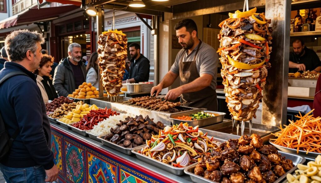 A vibrant and bustling Turkish street market scene featuring a variety of kebabs displayed on colorful stalls. In the foreground, highlight diverse kebab types such as döner, şiş, and adana, with rich textures and appetizing colors. The middle ground should include a friendly vendor in modest casual clothing, skillfully preparing kebabs on a grill, surrounded by intrigued customers admiring the selection. The background captures a lively atmosphere with traditional Turkish architecture and decorative elements, bathed in warm, golden sunlight, creating an inviting and cheerful ambiance. The angle should be slightly elevated, showcasing the variety of dishes while emphasizing the cultural richness of the kebab experience. The overall mood is lively and appetizing, perfect for illustrating the delicious offerings of Turkish cuisine.