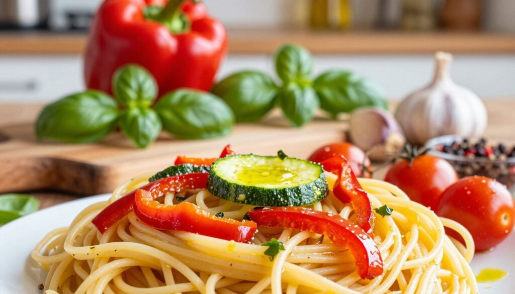 A vibrant and colorful composition featuring a variety of fresh vegetables arranged artfully with cooked pasta. In the foreground, there is a swirling pile of golden spaghetti topped with sautéed bell peppers, zucchini, and cherry tomatoes, glistening with olive oil. The middle ground showcases a rustic wooden cutting board, adorned with fresh basil leaves, garlic cloves, and an assortment of spices. In the background, softly blurred, are hints of a cozy kitchen setting with warm, diffused lighting creating an inviting atmosphere. The focus is sharp on the pasta and vegetables, capturing the freshness and vivid colors, evoking a sense of deliciousness and satisfaction. The overall mood is cheerful and appetizing, ideal for a culinary theme.
