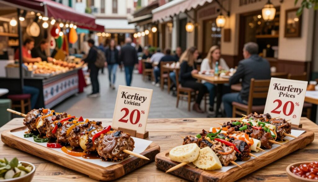 A vibrant and informative scene depicting a comparison of kebab prices in Turkey and Poland. In the foreground, two beautifully presented kebabs on rustic wooden platters, one styled with traditional Turkish flavors and the other showcasing Polish variations. The middle ground features small price tags next to each dish in an elegant font, clearly indicating their prices. The background includes a bustling street market scene in Turkey, with colorful stalls and locals enjoying their meals, while on the other side, a cozy Polish bistro setting with people dining in a relaxed atmosphere. Soft, warm lighting illuminates the scene, creating an inviting and friendly mood. The angle captures a slightly elevated perspective to showcase the entire tableau effectively, emphasizing the cultural elements of both countries.