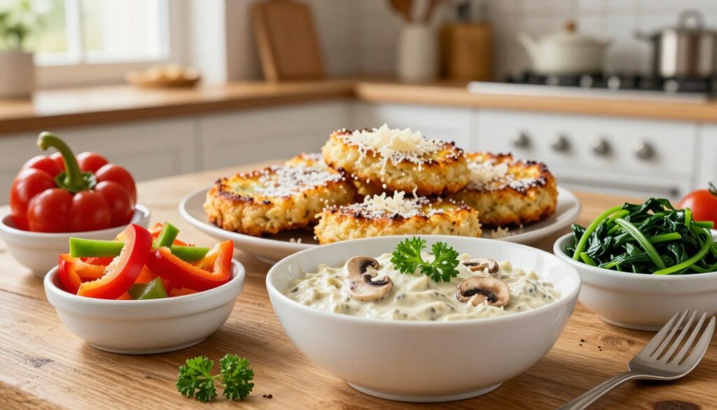 A vibrant, appetizing spread showcasing quick and easy toppings for kopytka, set on a rustic wooden table. In the foreground, a beautiful white bowl filled with creamy mushroom sauce, garnished with fresh parsley, alongside small dishes of colorful vegetables like bell peppers, cherry tomatoes, and sautéed spinach. In the middle, a plate of golden-brown kopytka, lightly dusted with flour, topped with a sprinkle of parmesan cheese. The background features softly blurred kitchen utensils and a warm, inviting kitchen ambiance, illuminated by soft, natural light filtering through a window. This scene evokes a cozy and homely atmosphere, ideal for promoting delicious, quick meal ideas. A vibrant, appetizing spread showcasing quick and easy toppings for kopytka, set on a rustic wooden table. In the foreground, a beautiful white bowl filled with creamy mushroom sauce, garnished with fresh parsley, alongside small dishes of colorful vegetables like bell peppers, cherry tomatoes, and sautéed spinach. In the middle, a plate of golden-brown kopytka, lightly dusted with flour, topped with a sprinkle of parmesan cheese. The background features softly blurred kitchen utensils and a warm, inviting kitchen ambiance, illuminated by soft, natural light filtering through a window. This scene evokes a cozy and homely atmosphere, ideal for promoting delicious, quick meal ideas.