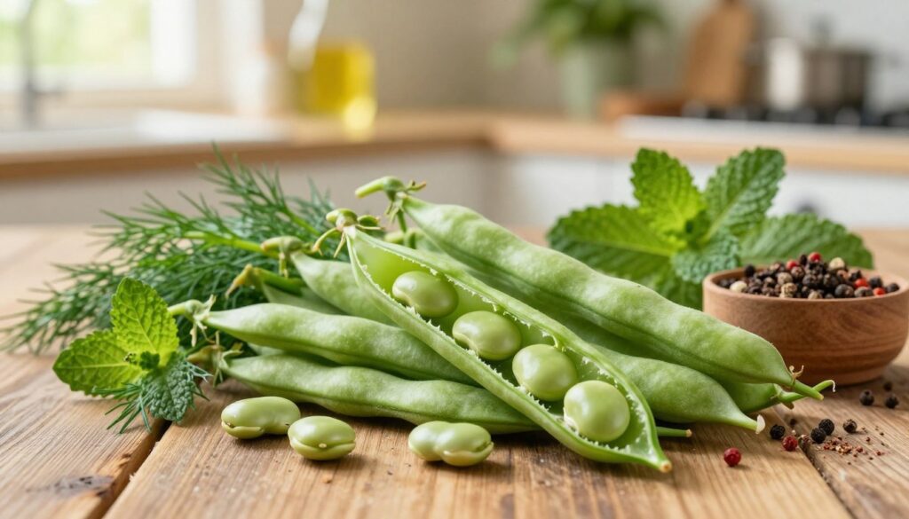 A vibrant arrangement of fresh broad beans (zioła bobu) and their accompanying herbs and spices, beautifully displayed on a rustic wooden table. In the foreground, lush green broad bean pods are partially opened, showcasing their tender beans. Surrounding the beans are sprigs of fragrant herbs like dill and mint, along with a variety of spices in small wooden bowls, emphasizing the contrasting colors and textures. The middle ground features a soft-focus kitchen setting with a hint of sunlight streaming through a nearby window, creating a warm and inviting atmosphere. The background includes blurred greenery, suggesting a garden environment. The image should have a natural, wholesome feel, conveying the freshness and rich flavors of the ingredients. Use soft, warm lighting to enhance the mood.