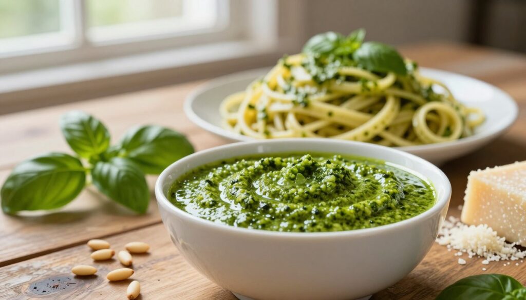 A vibrant bowl of fresh pesto sauce, glistening with a rich green hue, sits prominently in the foreground. Surround the bowl with raw ingredients: a bunch of basil leaves, a scattering of pine nuts, and a small pile of grated Parmesan cheese. The middle ground features a plate of perfectly cooked pasta intertwined with a generous swirl of pesto, reflecting light off its glossy surface. In the background, a rustic wooden table adds warmth, while soft natural sunlight filters through a nearby window, creating a cozy atmosphere. Use a shallow depth of field to slightly blur the background, drawing focus to the pesto and pasta. The mood is inviting and appetizing, perfect for showcasing a simple yet delicious dish.