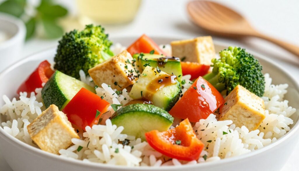 A vibrant bowl of vegetable rice, prominently featuring fluffy white rice mixed with colorful, diced bell peppers, zucchini, broccoli florets, and cubes of golden tofu. In the foreground, the dish is artistically arranged with a sprinkle of fresh herbs and a drizzle of soy sauce to enhance the flavors. The background should include softly blurred kitchen elements, such as wooden utensils and a green plant, to create a warm, inviting atmosphere. Bright, natural lighting pours into the scene, highlighting the fresh ingredients and creating a cozy, home-cooked vibe. Capture a close-up angle that emphasizes the textures and colors of the dish, evoking a sense of healthiness and culinary creativity.