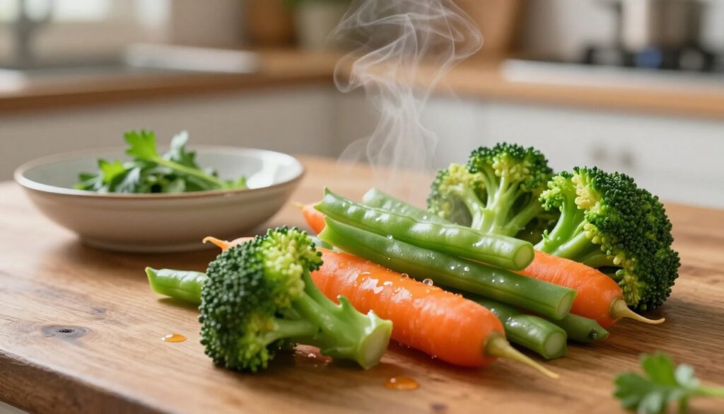 A vibrant, close-up image of assorted steamed vegetables arranged elegantly on a rustic wooden table. In the foreground, showcase a colorful mix of broccoli, carrots, and green beans, glistening with a light sheen from steaming. The middle ground features a delicate ceramic dish with a few sprigs of fresh herbs, enhancing the freshness of the vegetables. In the background, softly blurred, hint at a cozy kitchen atmosphere with warm, ambient lighting illuminating the scene. Capture the essence of a healthy, appetizing side dish, emphasizing the natural colors and textures of the vegetables, with a serene, inviting mood that encourages wholesome eating. Use a soft focus lens to create a homely and enticing atmosphere, perfect for a culinary feature. A vibrant, close-up image of assorted steamed vegetables arranged elegantly on a rustic wooden table. In the foreground, showcase a colorful mix of broccoli, carrots, and green beans, glistening with a light sheen from steaming. The middle ground features a delicate ceramic dish with a few sprigs of fresh herbs, enhancing the freshness of the vegetables. In the background, softly blurred, hint at a cozy kitchen atmosphere with warm, ambient lighting illuminating the scene. Capture the essence of a healthy, appetizing side dish, emphasizing the natural colors and textures of the vegetables, with a serene, inviting mood that encourages wholesome eating. Use a soft focus lens to create a homely and enticing atmosphere, perfect for a culinary feature.