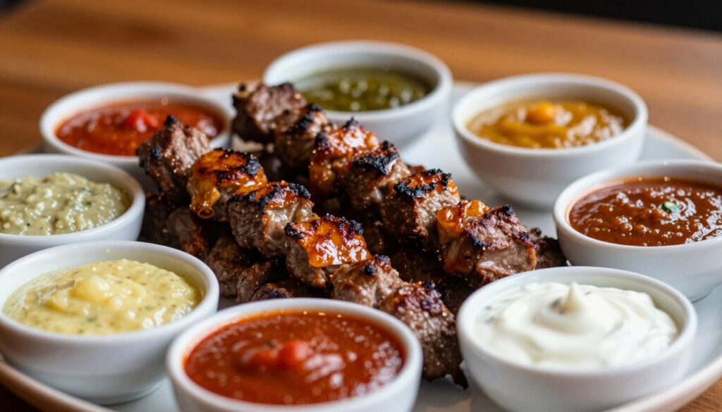 A vibrant close-up of a plate featuring succulent pieces of grilled kebab meat, caramelized and glistening with savory juices. Surrounding the meat, an array of rich, colorful sauces, including tangy garlic sauce, spicy red sauce, and creamy yogurt sauce, each in small dipping bowls that highlight their textures and colors. The background softly blurred to emphasize the food, with warm, ambient lighting creating a cozy and inviting atmosphere. The scene captures the essence of a delicious meal that highlights the calorie-rich meat and sauces, presented artistically on a wooden table. Perfectly focused with a shallow depth of field, the image should evoke appetite and warmth without any distractions. A vibrant close-up of a plate featuring succulent pieces of grilled kebab meat, caramelized and glistening with savory juices. Surrounding the meat, an array of rich, colorful sauces, including tangy garlic sauce, spicy red sauce, and creamy yogurt sauce, each in small dipping bowls that highlight their textures and colors. The background softly blurred to emphasize the food, with warm, ambient lighting creating a cozy and inviting atmosphere. The scene captures the essence of a delicious meal that highlights the calorie-rich meat and sauces, presented artistically on a wooden table. Perfectly focused with a shallow depth of field, the image should evoke appetite and warmth without any distractions.