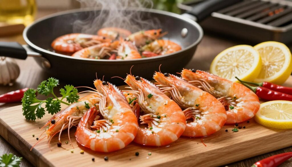 A vibrant display of fresh shrimp marinated in aromatic herbs and spices, arranged artistically on a wooden cutting board. In the foreground, glistening shrimp are surrounded by key ingredients for flavor: sprigs of fresh parsley, vibrant lemon slices, and colorful chili peppers. The middle ground features a sizzling skillet with shrimp being cooked, emitting a slight steam through the air. In the background, a subtle hint of a grill can be seen, suggestive of versatility in preparation. Soft golden lighting illuminates the scene, creating a warm and inviting atmosphere. The angle is slightly elevated, allowing for a detailed view of the succulent shrimp and a whimsical feel to the composition. A vibrant display of fresh shrimp marinated in aromatic herbs and spices, arranged artistically on a wooden cutting board. In the foreground, glistening shrimp are surrounded by key ingredients for flavor: sprigs of fresh parsley, vibrant lemon slices, and colorful chili peppers. The middle ground features a sizzling skillet with shrimp being cooked, emitting a slight steam through the air. In the background, a subtle hint of a grill can be seen, suggestive of versatility in preparation. Soft golden lighting illuminates the scene, creating a warm and inviting atmosphere. The angle is slightly elevated, allowing for a detailed view of the succulent shrimp and a whimsical feel to the composition.