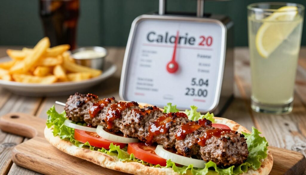 A vibrant image of a juicy kebab, showcasing its calorie content in an engaging and informative manner. In the foreground, a close-up view of a kebab served in a warm pita bread, filled with fresh vegetables like lettuce, tomatoes, and onions, glistening with a savory sauce. The middle section features a one-pound scale displaying rich nutritional facts, emphasizing the dish's calorie count. In the background, a rustic wooden table set with a side of crispy fries and a refreshing drink, like cola or a light lemonade, completes the meal. Soft, natural lighting enhances the textures of the food, while a shallow depth of field focuses on the kebab, creating an inviting atmosphere perfect for food enthusiasts. A vibrant image of a juicy kebab, showcasing its calorie content in an engaging and informative manner. In the foreground, a close-up view of a kebab served in a warm pita bread, filled with fresh vegetables like lettuce, tomatoes, and onions, glistening with a savory sauce. The middle section features a one-pound scale displaying rich nutritional facts, emphasizing the dish's calorie count. In the background, a rustic wooden table set with a side of crispy fries and a refreshing drink, like cola or a light lemonade, completes the meal. Soft, natural lighting enhances the textures of the food, while a shallow depth of field focuses on the kebab, creating an inviting atmosphere perfect for food enthusiasts.