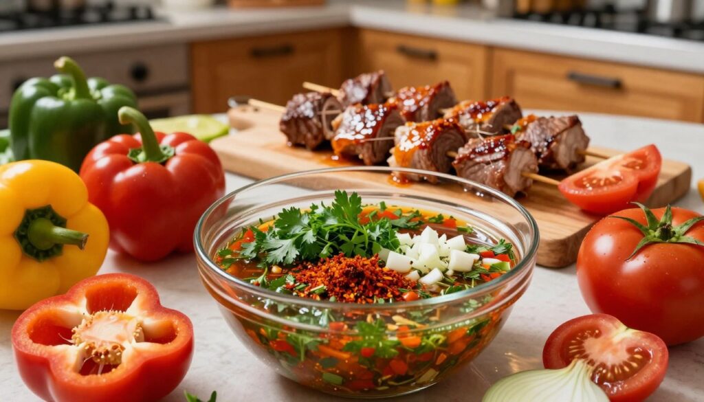 A vibrant kitchen scene showcasing an array of fresh ingredients for a homemade kebab marinade. In the foreground, a glass bowl filled with a rich, aromatic marinade clearly shows herbs like parsley, spices like paprika and cumin, and diced garlic and onion. Surrounding the bowl are colorful vegetables such as sliced bell peppers and juicy tomatoes, emphasizing freshness. In the middle, a chopping board holds marinated pieces of meat, glistening with the marinade’s sheen. The background reveals a warm, inviting kitchen atmosphere with wooden cabinets and soft ambient lighting enhancing the colors of the ingredients. The angle is slightly overhead, capturing the entire scene, creating a sense of hominess and culinary excitement, inviting the viewer to explore the art of making a flavorful kebab. A vibrant kitchen scene showcasing an array of fresh ingredients for a homemade kebab marinade. In the foreground, a glass bowl filled with a rich, aromatic marinade clearly shows herbs like parsley, spices like paprika and cumin, and diced garlic and onion. Surrounding the bowl are colorful vegetables such as sliced bell peppers and juicy tomatoes, emphasizing freshness. In the middle, a chopping board holds marinated pieces of meat, glistening with the marinade’s sheen. The background reveals a warm, inviting kitchen atmosphere with wooden cabinets and soft ambient lighting enhancing the colors of the ingredients. The angle is slightly overhead, capturing the entire scene, creating a sense of hominess and culinary excitement, inviting the viewer to explore the art of making a flavorful kebab.