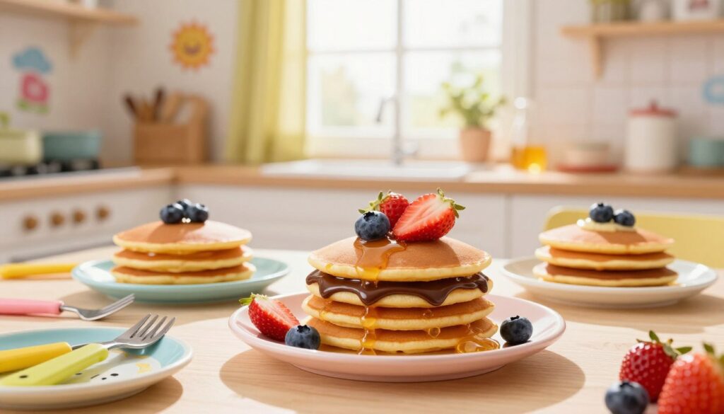 A vibrant scene featuring a playful assortment of colorful pancakes (naleśniki) designed for young children. In the foreground, stack of neatly arranged pancakes with various fillings peeking out, including chocolate spread, fresh fruits like strawberries and blueberries, and honey. Beside the pancakes are cartoonish character-shaped plates and forks, inviting for kids. In the middle of the image, a bright, cheerful kitchen setting with a sunny window, soft morning light casting a warm glow, creating a cozy atmosphere. The background includes whimsical decorations, like colorful drawings on the walls. The overall mood is joyful and inviting, perfect for young food lovers, emphasizing a fun and engaging culinary experience.