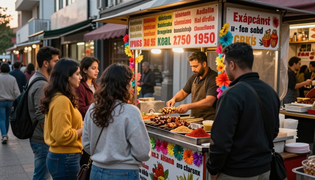A vibrant street scene showcasing a bustling kebab vendor in an urban setting, with different prices displayed prominently in various languages on the signboard. In the foreground, a diverse group of people of different ethnicities, wearing modest casual clothing, is gathered, discussing and examining the kebabs being prepared on a grill, showcasing fresh ingredients and mouth-watering spice. In the middle, the vendor is busy wrapping kebabs for customers, displaying skill and enthusiasm, and colorful decorations around the cart add to the lively atmosphere. The background features a busy street with local storefronts and pedestrians, under warm, inviting lighting as the sun sets, creating a cozy and friendly vibe that highlights the cultural significance of pricing differences in various locations.