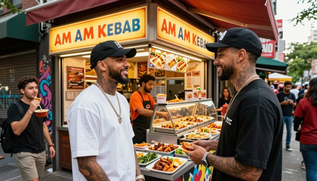 A vibrant urban scene showcasing a collaboration between a well-dressed rapper and an AM AM Kebab storefront. In the foreground, the rapper, with a confident smile, is interacting with a friendly staff member, both dressed in casual yet stylish clothing. The middle ground features the bright, inviting glow of the AM AM Kebab restaurant, with colorful signage and various kebab dishes displayed enticingly. In the background, bustling city life unfolds, with pedestrians enjoying street food and vibrant graffiti adding character to the scene. The lighting is warm and bright, suggesting a joyful afternoon, captured with a slightly wide-angle lens to emphasize the lively atmosphere. The overall mood exudes excitement and community engagement around delicious kebabs. A vibrant urban scene showcasing a collaboration between a well-dressed rapper and an AM AM Kebab storefront. In the foreground, the rapper, with a confident smile, is interacting with a friendly staff member, both dressed in casual yet stylish clothing. The middle ground features the bright, inviting glow of the AM AM Kebab restaurant, with colorful signage and various kebab dishes displayed enticingly. In the background, bustling city life unfolds, with pedestrians enjoying street food and vibrant graffiti adding character to the scene. The lighting is warm and bright, suggesting a joyful afternoon, captured with a slightly wide-angle lens to emphasize the lively atmosphere. The overall mood exudes excitement and community engagement around delicious kebabs.