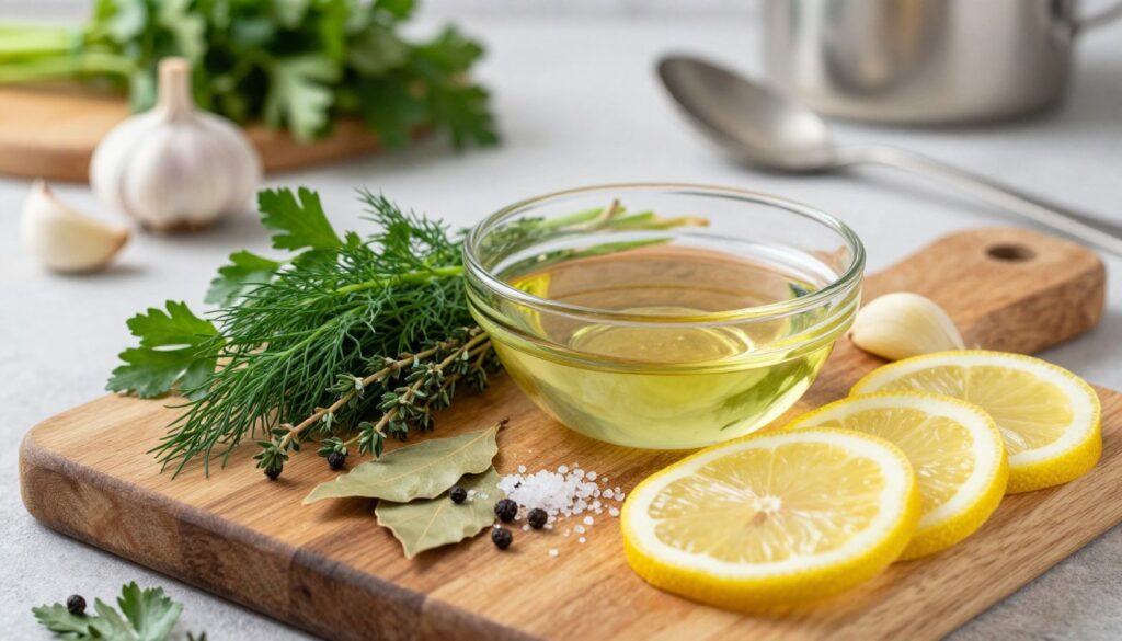 A visually appealing arrangement of key ingredients for a marinated carp dish, showcasing fresh herbs like dill and parsley, along with vibrant spices such as black pepper and bay leaves. The foreground features a rustic wooden cutting board, with sprigs of thyme and lemon slices artfully scattered. In the middle, a glass bowl holds a mixture of olive oil, garlic cloves, and a sprinkle of sea salt, glistening under soft, natural lighting that enhances the colors. The background is softly blurred, depicting a kitchen setting with fresh vegetables and cooking utensils, creating a warm and inviting atmosphere. Aim for a cozy, homely feel, evoking the essence of preparing a flavorful marinade.