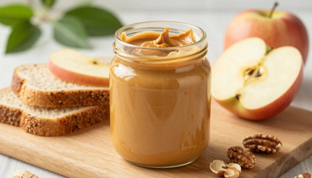 A visually appealing arrangement of peanut butter in a glass jar, with a smooth, glossy surface reflecting light, prominently displayed in the foreground. Surrounding the jar are healthy accompaniments such as sliced whole grain bread, fresh apple slices, and a handful of nuts, showcasing both sweet and savory pairings. The middle ground presents a simple wooden cutting board, complementing the organic theme, while a light, soft-focus background with leafy greens hints at a fresh kitchen environment. The lighting is bright and natural, creating a warm and inviting atmosphere, while capturing the richness of the peanut butter's texture. The overall mood is wholesome and healthy, conveying the essence of making nutritious choices. A visually appealing arrangement of peanut butter in a glass jar, with a smooth, glossy surface reflecting light, prominently displayed in the foreground. Surrounding the jar are healthy accompaniments such as sliced whole grain bread, fresh apple slices, and a handful of nuts, showcasing both sweet and savory pairings. The middle ground presents a simple wooden cutting board, complementing the organic theme, while a light, soft-focus background with leafy greens hints at a fresh kitchen environment. The lighting is bright and natural, creating a warm and inviting atmosphere, while capturing the richness of the peanut butter's texture. The overall mood is wholesome and healthy, conveying the essence of making nutritious choices.