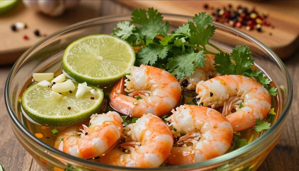 A visually appealing close-up of a vibrant shrimp marinade, featuring fresh shrimp marinating in a glass bowl alongside an array of aromatic ingredients such as chopped garlic, sliced lime, and fresh herbs, like cilantro and parsley. The shrimp are glistening in the marinade, showcasing a luxurious blend of colors and textures. In the background, a rustic wooden cutting board is adorned with spices like red pepper flakes and ground black pepper, hinting at the cooking process. The lighting is warm and inviting, with gentle overhead light highlighting the ingredients, creating a cozy kitchen atmosphere. The image conveys a sense of culinary adventure and freshness, ideal for illustrating a practical approach to shrimp marination. A visually appealing close-up of a vibrant shrimp marinade, featuring fresh shrimp marinating in a glass bowl alongside an array of aromatic ingredients such as chopped garlic, sliced lime, and fresh herbs, like cilantro and parsley. The shrimp are glistening in the marinade, showcasing a luxurious blend of colors and textures. In the background, a rustic wooden cutting board is adorned with spices like red pepper flakes and ground black pepper, hinting at the cooking process. The lighting is warm and inviting, with gentle overhead light highlighting the ingredients, creating a cozy kitchen atmosphere. The image conveys a sense of culinary adventure and freshness, ideal for illustrating a practical approach to shrimp marination.
