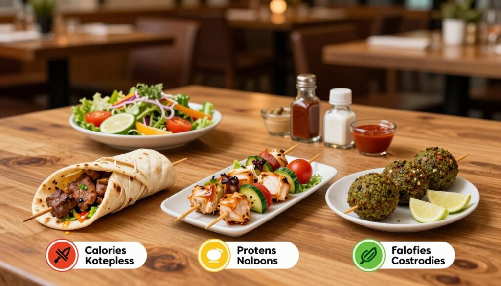 A visually appealing comparative illustration of different types of kebabs showcasing their nutritional values. In the foreground, display three distinct kebabs: a traditional meat kebab wrapped in pita, a chicken kebab with fresh vegetables, and a falafel kebab, each labeled with vibrant, clear icons representing calories, proteins, fats, and carbohydrates. The middle ground features a stylish wooden table with a colorful salad and sauces neatly arranged beside the kebabs, creating an inviting atmosphere. In the background, use a softly blurred restaurant setting with warm lighting to evoke a cozy dining experience. The overall mood is informative yet appetizing, capturing the essence of a satisfying meal while focusing on health and nutrition.