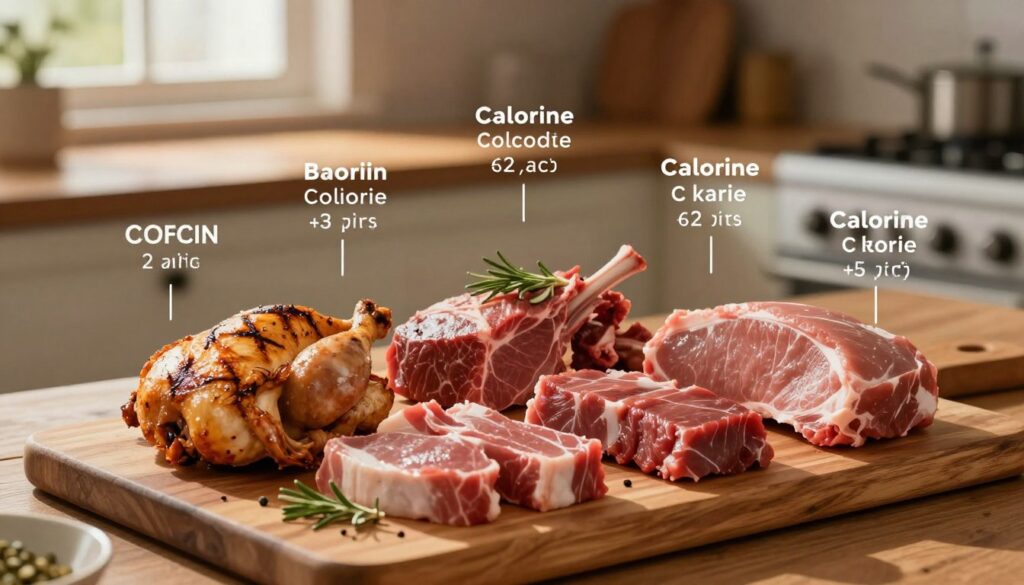 A visually engaging infographic illustrating various types of meat and their caloric values displayed prominently. In the foreground, feature several assorted meats like grilled chicken, lamb, beef, and pork, beautifully arranged on a wooden cutting board, with accurate caloric labels next to each type. In the middle, incorporate a subtle gradient effect that highlights the meats while maintaining a soft-focus background of a rustic kitchen scene. Use warm, ambient lighting to create a cozy and inviting atmosphere, with sunlight filtering through a window and casting gentle shadows. The angle should be a slightly elevated bird's-eye view, ensuring a comprehensive view of both the meats and the setting. The overall mood is informative yet appetizing, perfect for educating readers about the calorie content of different meats.