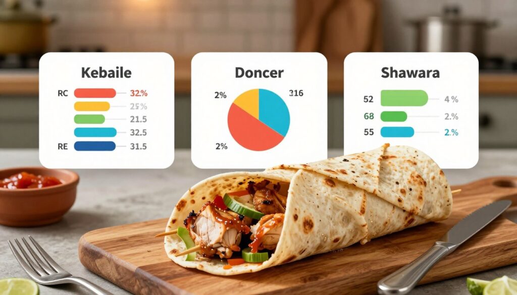 A visually striking comparative illustration showcasing the caloric content of various types of kebabs, prominently featuring a tortilla kebab with chicken in the foreground. The kebab should be artfully displayed on a wooden cutting board, with a fork and knife beside it. In the middle ground, include infographics or visual representations of other kebab types, like doner and shawarma, each with distinct calorie counts, represented through colorful bars or pie charts. The background should feature a rustic kitchen setting with warm, inviting lighting, enhancing the casual yet informative mood. The scene should be captured with a slight overhead angle to give an overview perspective, emphasizing the diversity and deliciousness of the kebabs while maintaining a clean and professional appearance. A visually striking comparative illustration showcasing the caloric content of various types of kebabs, prominently featuring a tortilla kebab with chicken in the foreground. The kebab should be artfully displayed on a wooden cutting board, with a fork and knife beside it. In the middle ground, include infographics or visual representations of other kebab types, like doner and shawarma, each with distinct calorie counts, represented through colorful bars or pie charts. The background should feature a rustic kitchen setting with warm, inviting lighting, enhancing the casual yet informative mood. The scene should be captured with a slight overhead angle to give an overview perspective, emphasizing the diversity and deliciousness of the kebabs while maintaining a clean and professional appearance.