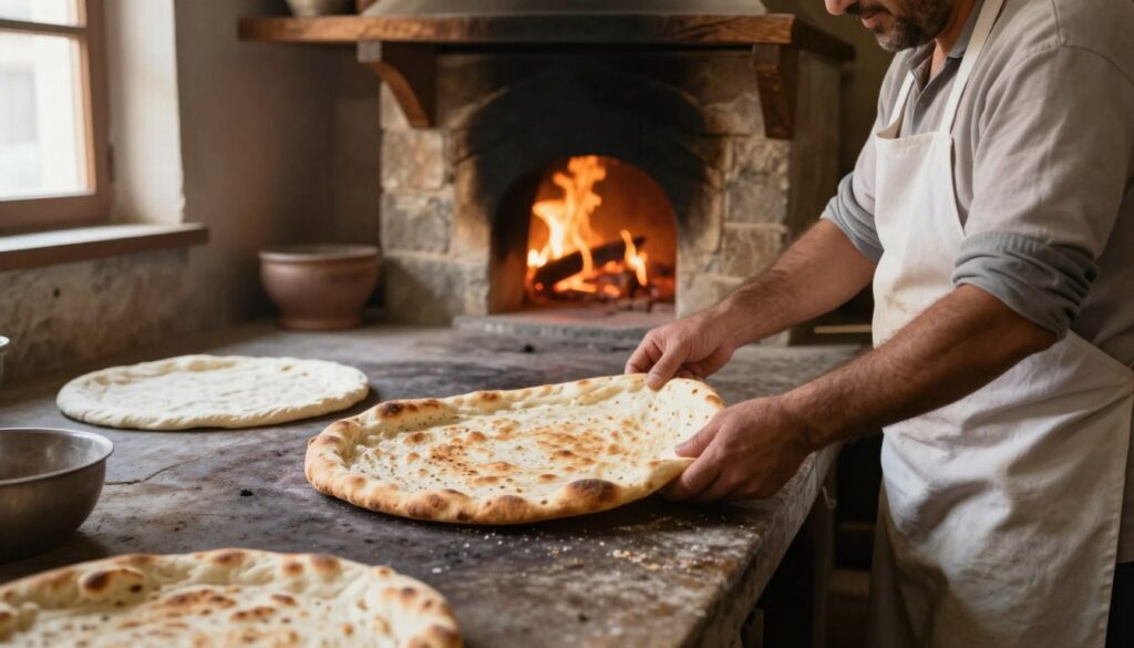 An Armenian lavash being expertly baked in a traditional stone oven, with golden-brown edges and a soft, pliable texture. In the foreground, an artisan baker, dressed in a modest white apron and casual clothing, skillfully places the flatbread onto the oven's hot surface. The middle ground features the oven's glowing flames, illuminating the dough in a warm, inviting light. The background showcases rustic kitchen elements, such as wooden beams and stone walls, enhancing the authentic atmosphere of an Armenian culinary tradition. Soft, natural lighting filters in from a nearby window, casting gentle shadows and creating a warm, earthy mood that evokes a sense of home and tradition. The scene captures the essence of hand-crafted culinary art, celebrating the rich history of lavash baking.