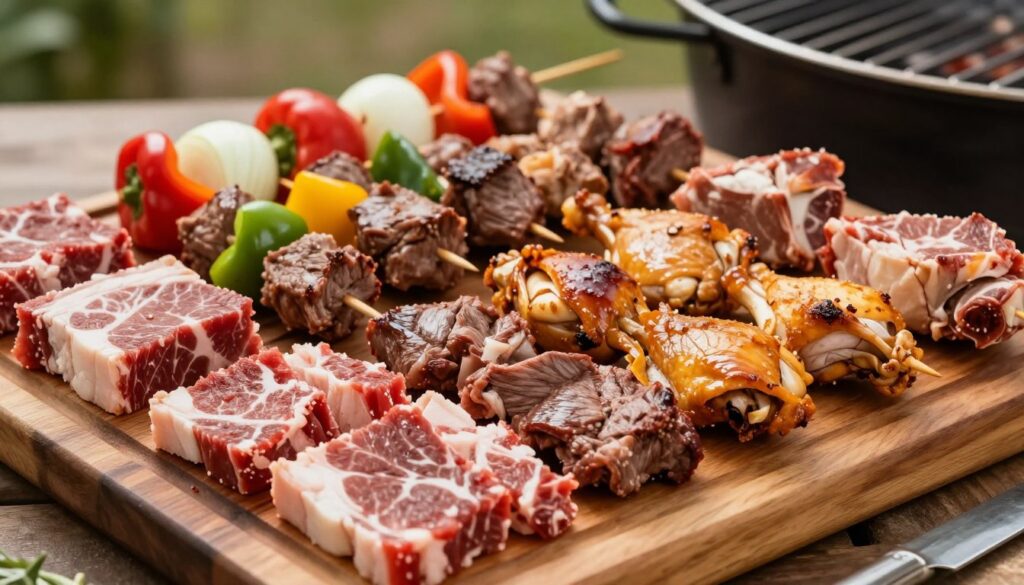 An informative culinary scene focusing on various types of meat used in kebabs, arranged artfully on a wooden serving board. In the foreground, exhibit slices of lamb, chicken, and beef, showcasing their textures and colors—lamb with a rich reddish hue, chicken in golden brown, and beef with marbled fat. In the middle ground, display skewers of these meats alongside fresh vegetables, like bell peppers and onions, creating vibrant contrasts. In the background, hint at a grill or an outdoor setting with soft natural lighting, emphasizing an inviting atmosphere. The scene should convey a feeling of abundance and health, subtly highlighting the caloric aspects without any text. Use a shallow depth of field to draw attention to the meats, capturing the essence of flavorful, calorie-rich dishes in a warm, appetizing light.